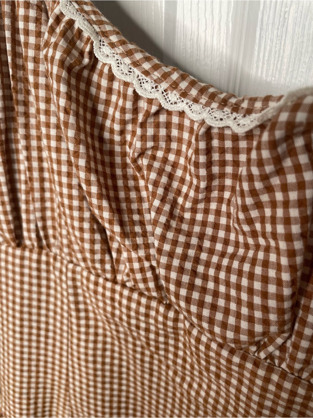 Gingham Lace-Trim Brown Dress